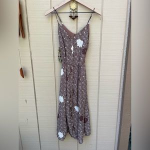 Brown white printed slinky midi slip dress button down
